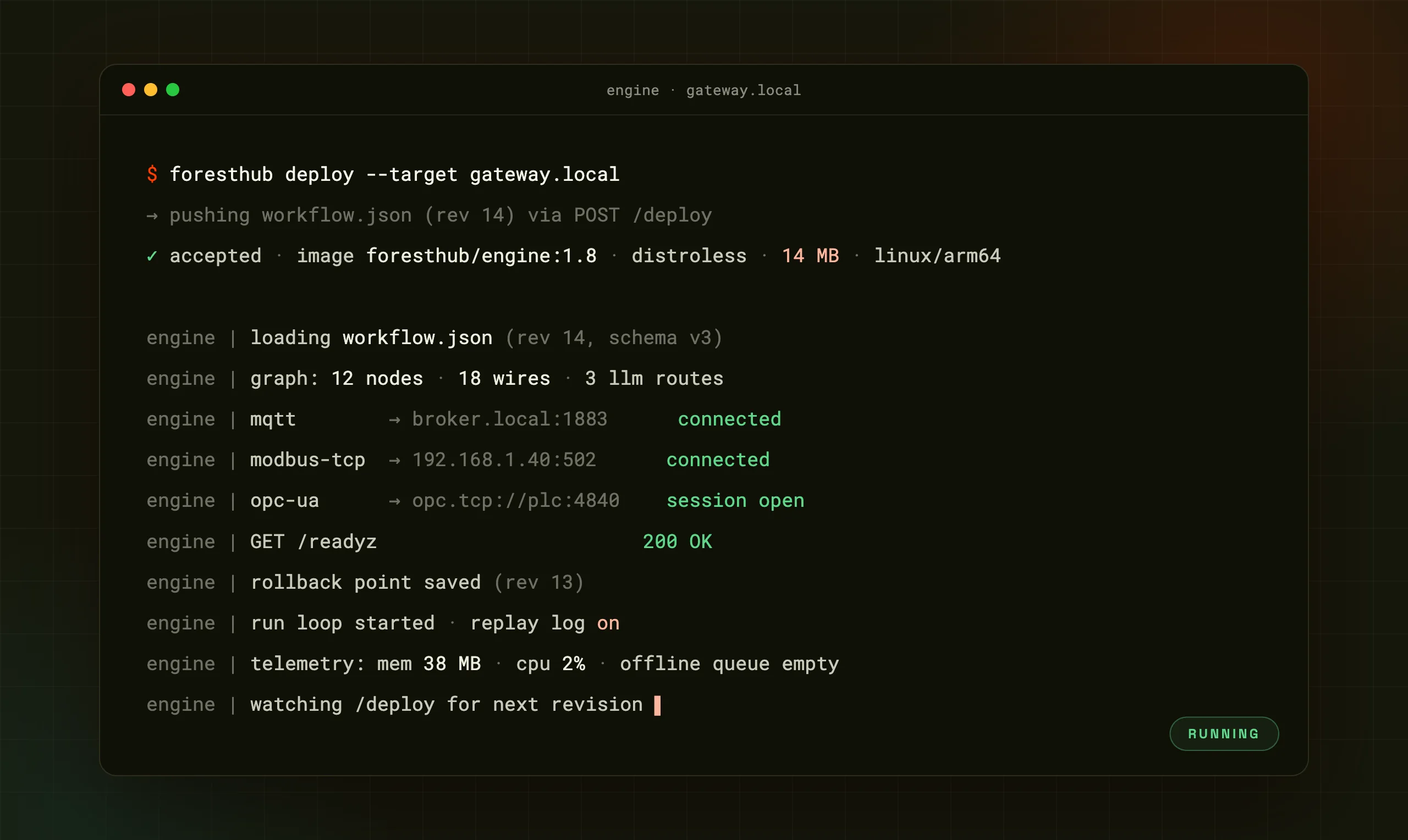 Terminal-Ansicht eines Engine-Deployments: workflow.json wird geladen, MQTT, Modbus und OPC-UA verbinden sich, readyz meldet 200 OK